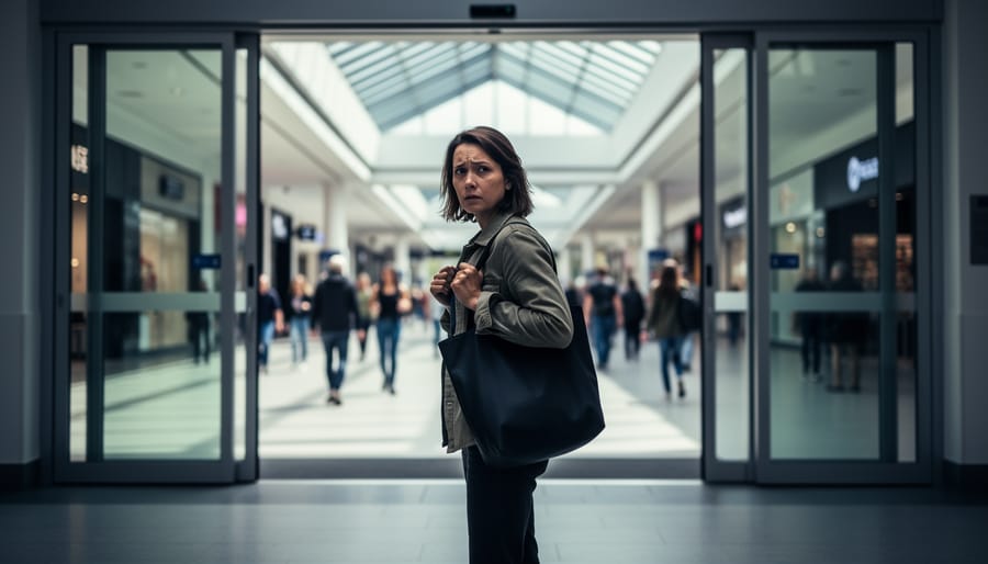 Person hesitating at the entrance of a shopping mall with a tense expression suggesting difficulty feeling able to leave safely.