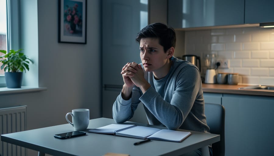 Empty chair and coffee mug on a kitchen table with a person sitting hunched in the blurred background, suggesting ongoing worry.