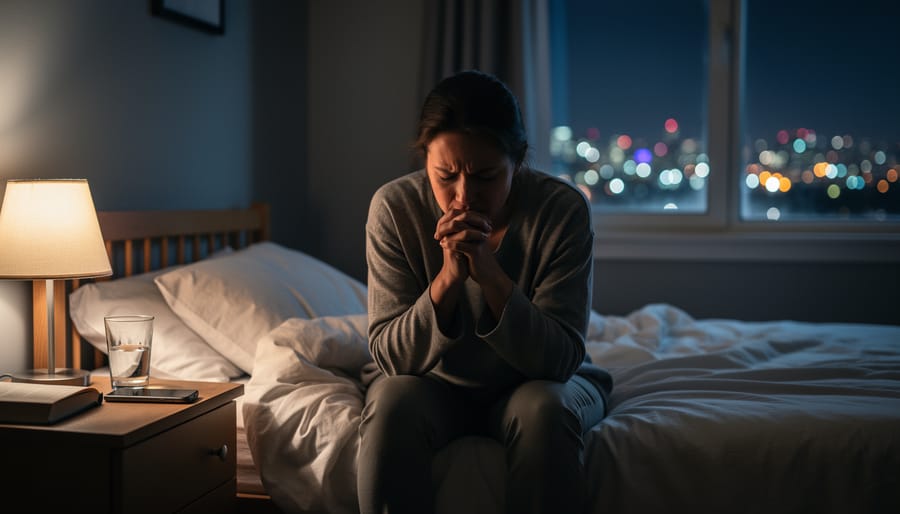 Person sitting alone at a kitchen table at night with a tense posture, holding a mug and looking toward a blurred window.