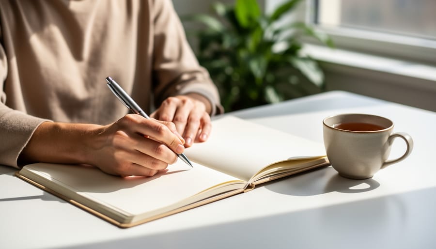 A person writing in an open workbook at a desk in soft natural light, suggesting structured help for managing anxiety