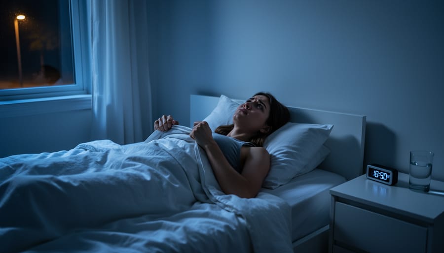 A person sitting at a kitchen table at night with a mug in front, illuminated by phone light, showing tense, worried posture.