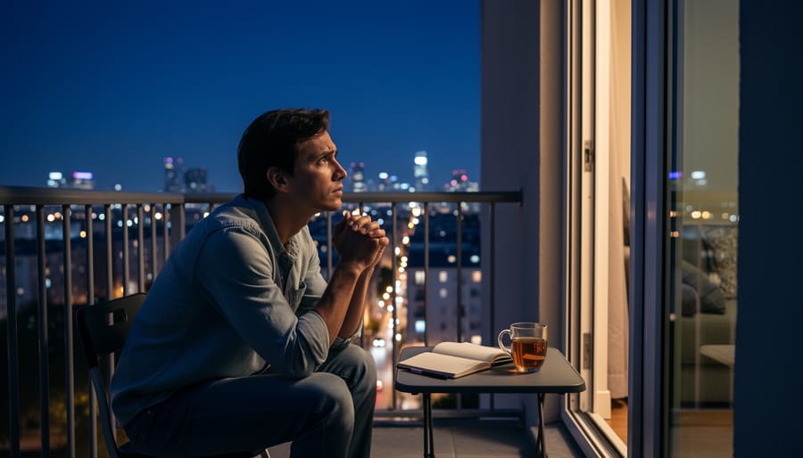 Person standing by a window at night, looking outside with a tense, anxious expression.