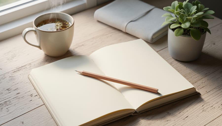 Close-up of a notebook page and pencil suggesting writing practice for managing anxious thoughts