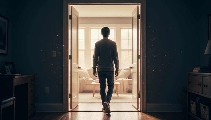 Person pausing in a bright hallway with a hand on the doorframe, appearing hesitant yet trying to move forward.