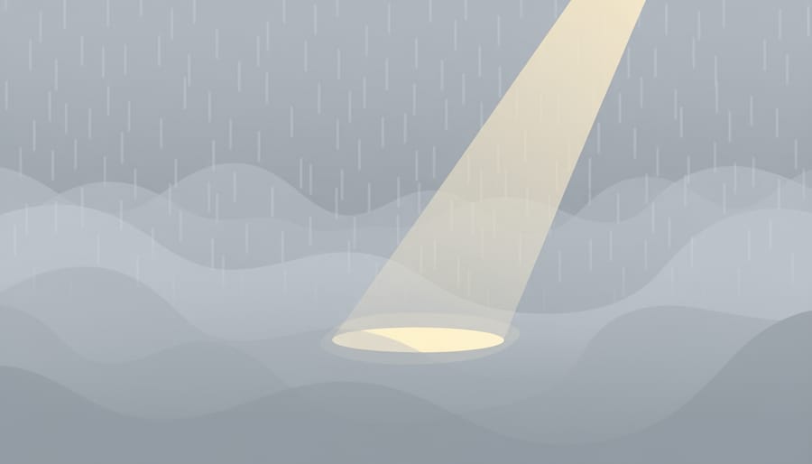 Silhouette looking toward a foggy rainy window with a small flashlight beam, symbolizing persistent anxiety