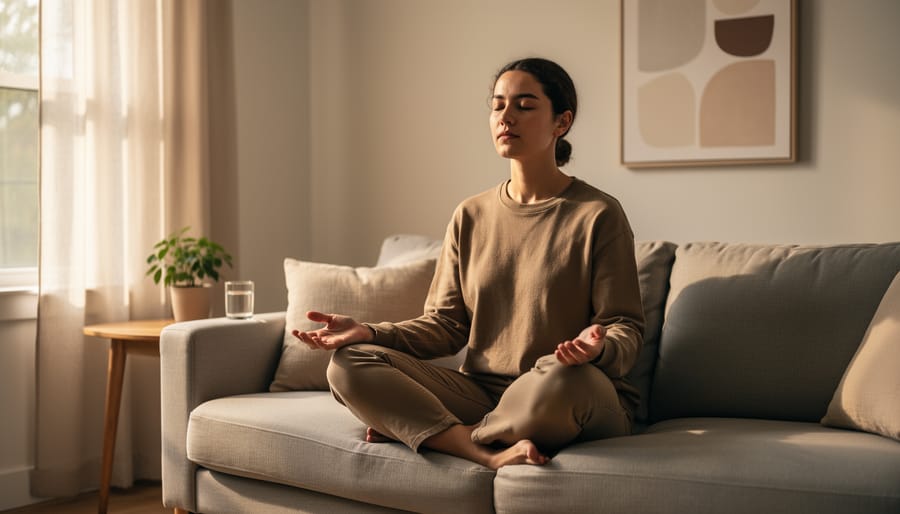 Person seated with eyes closed, hands on knees, practicing immediate calming grounding in a quiet room