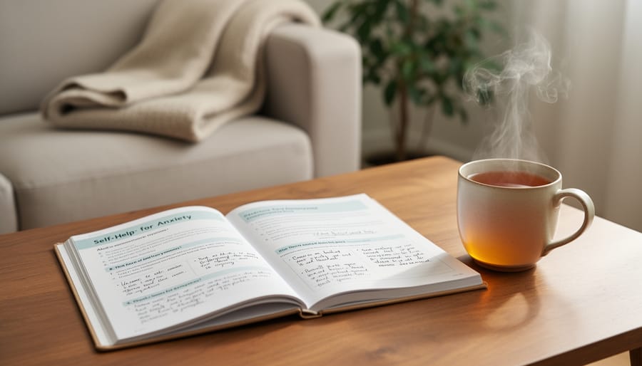 Person sitting at a table with a notebook and workbook while holding a warm mug