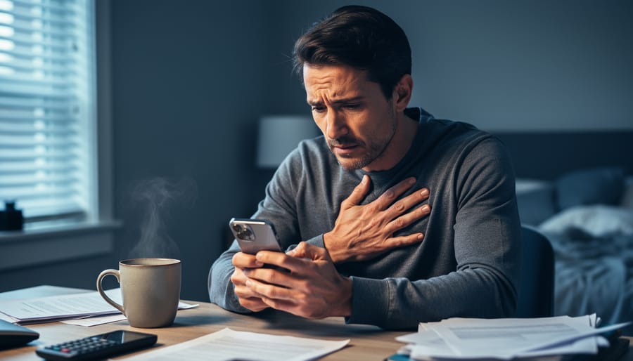 Person seated at a desk in soft daylight, hand on chest and holding a phone, illustrating persistent anxiety and worry.