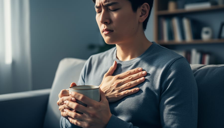A person seated indoors with a hand over their chest and a mug nearby, looking calm as they recognize physical anxiety sensations.