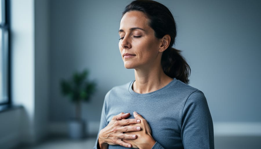 “Person seated calmly with hands resting on their abdomen, practicing slow breathing to reduce stress and anxiety.”