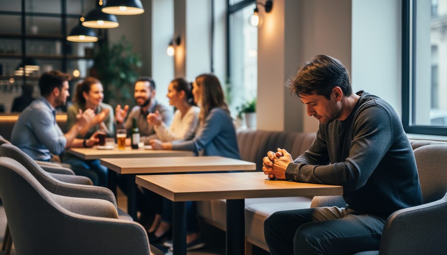 Person sitting alone at a gathering while others chat in the background, showing social withdrawal