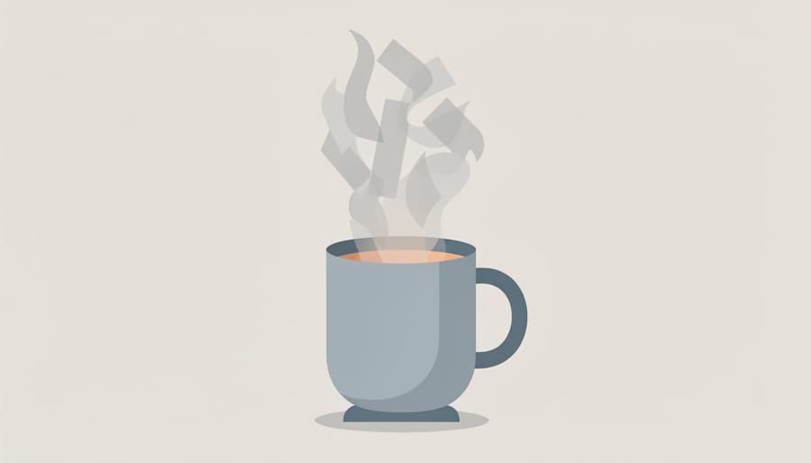 Close-up of a steaming mug, with steam drifting upward into a softly lit room.
